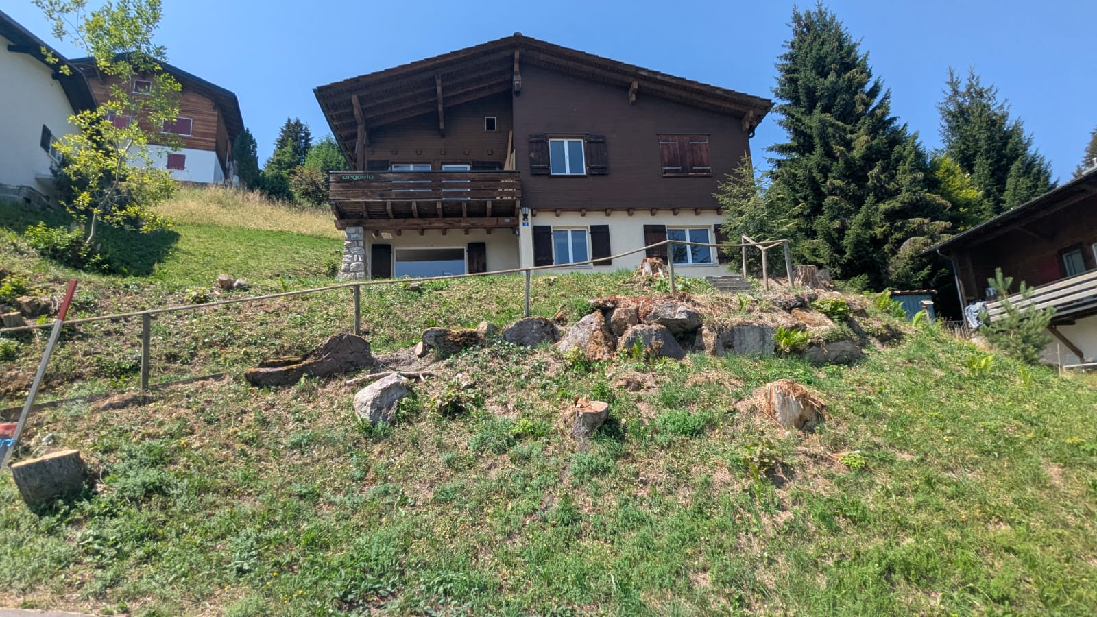 Chalet Argovia in de zomer, vooraanzicht met balkon en groene helling